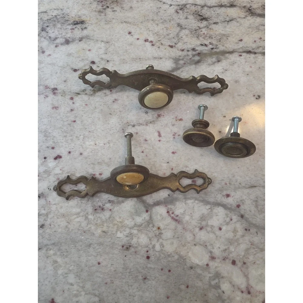 vintage lot of 2 cast & pressed brass Knob DRAWER PULLS 4